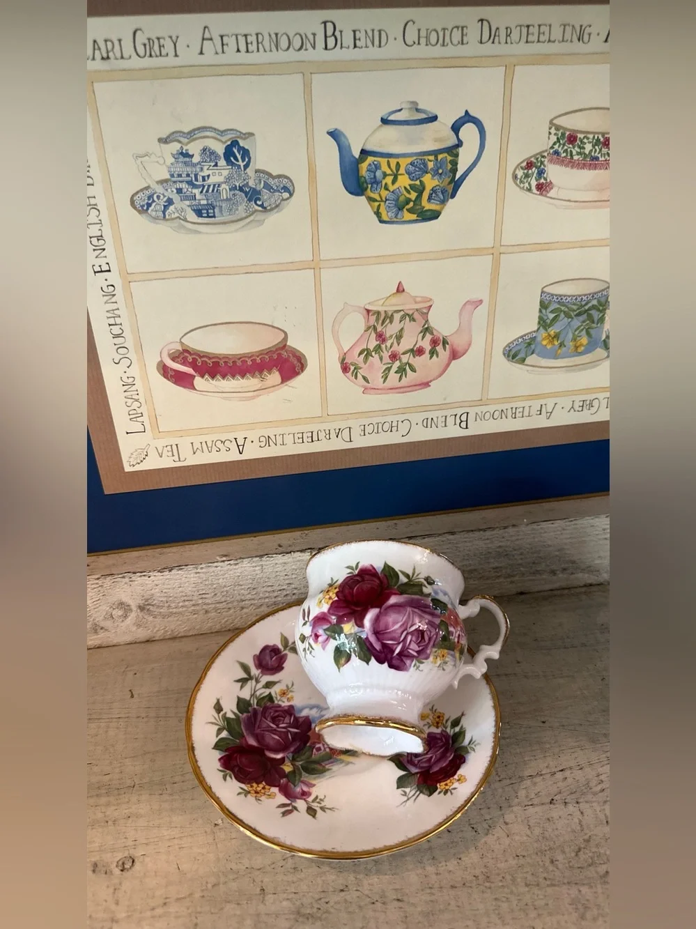 Elizabethan fine bone china tea cup with deep pink rose & old English village
